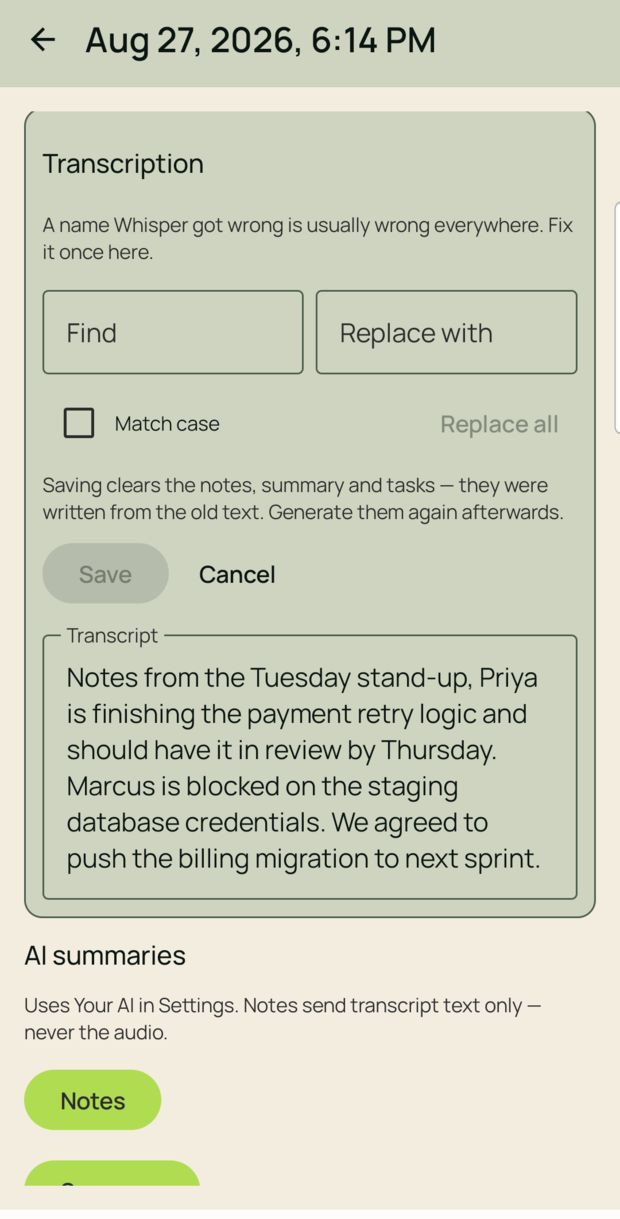 The transcript editor with Find, Replace with, and Match case fields