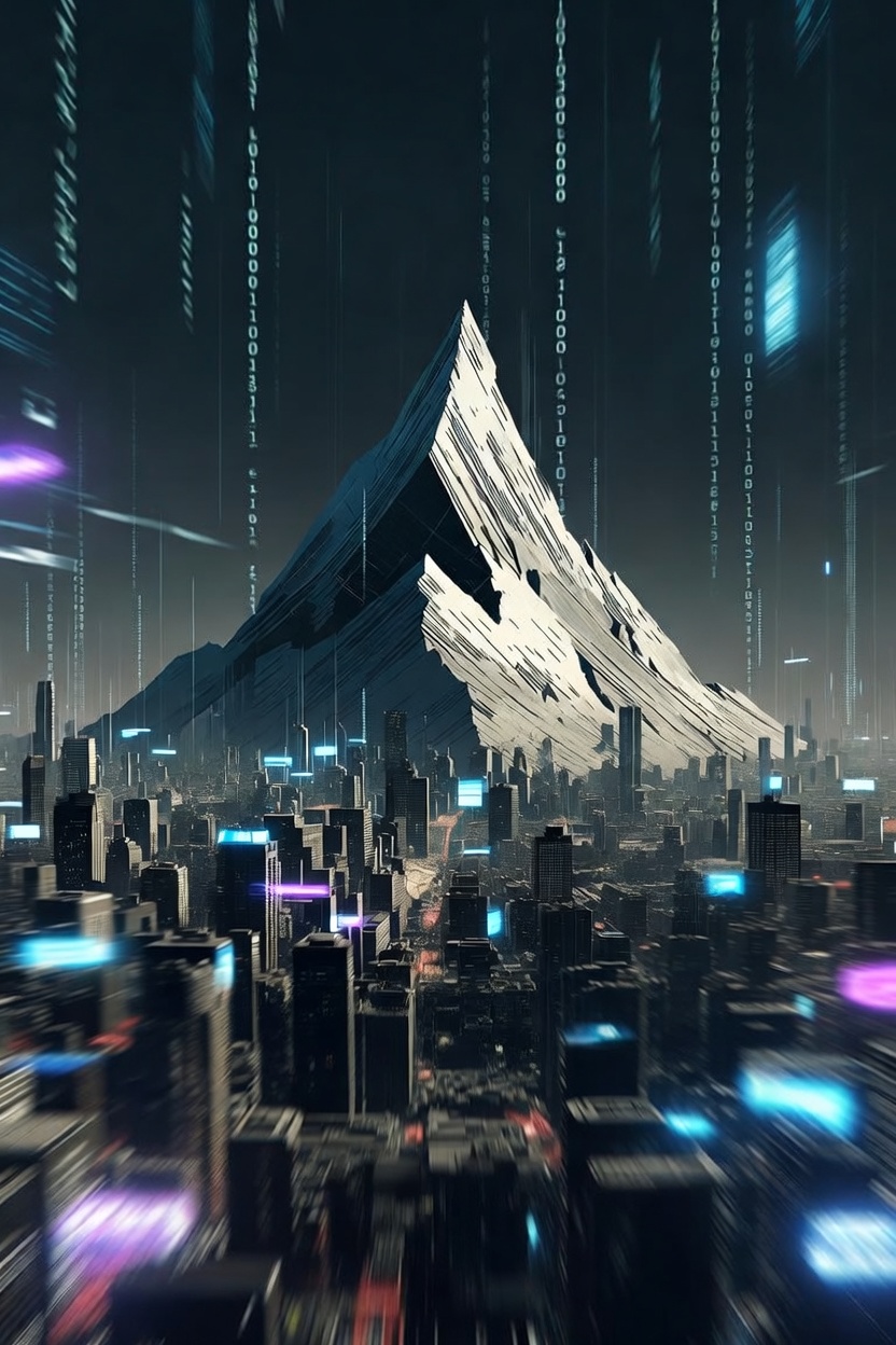 Cyberpunk cityscape dwarfed by a massive mountain